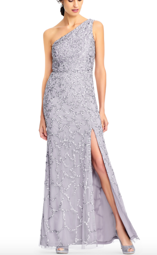 One Shoulder Gown in Silver